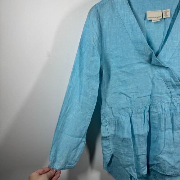 Cynthia Rowley Top Women XS Blue 100% Linen Beach Coastal Spring V Neck Blouse - Picture 4 of 5